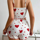 Summer European American Knitted Ribbed Heart Print Design Sweet Collarless Polyester Camisole Shorts Pure Women's Pajamas