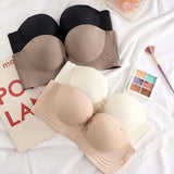 Women's Seamless Strapless Bralette Thin Breathable Front-Buttoned Push-up Bra with Logo on Cup Invisible Front Buckle Bra