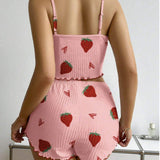 European & American Summer Strawberry Heart Print Ribbed Elastic Waist Camisole Shorts Two-Piece Set Women's Loungewear
