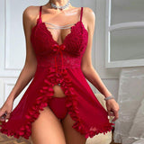 European and American New Style Sexy Mesh Ruffled Butterfly Trim Front Open Camisole Dress Set