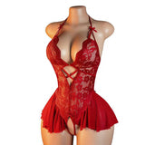 Lace Open-Crotch No-Removal One-Piece Bodysuit Sexy Women's Deep V-Neck Short Skirt Sheer Nylon Intimate Lingerie