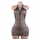 Sexy Deep V-Neck Zipper Leopard Print Backless Bodycon Lingerie Sleepwear Polyester European American