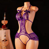 European American Sexy Lingerie Lace Bodysuit Women's Crotchless Purple Seduction Uniform