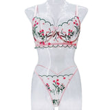 Floral Embroidery Breathable Thin Firm Control See-Through Mesh Women's Bra and Panty 1 Piece Lingerie Set