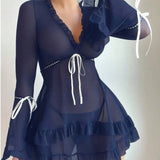 Lace Sexy Nightdress Summer Slimming Sexy Nighty Ruffled Sleeves Seductive Sexy Nightwear