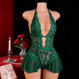 Plus-size New Style Lace Deep-V See-through Seductive One-piece Jumpsuit Open-crotch No-removal Women's Sexy