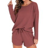 Waffle Knit Women's Pajama Set with Long-Sleeved Top and Shorts Elastic Waist Solid Pattern Casual Loungewear
