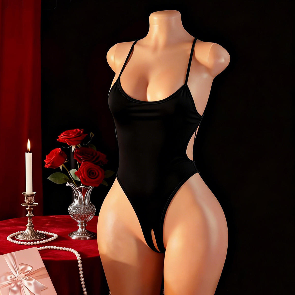 Lingerie Sexy Solid Crotchless No-Remove Jumpsuit Ice Silk Tight Seductive Pajamas
