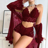 New Sexy Lingerie Nightgown Set for Women Summer Lace Elastic Waist Solid Robe Coat Homewear