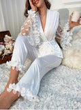 New Cross-border Luxury Night Collection Women's Long Sleeve & Long Pants Lace Pajama Loungewear Set