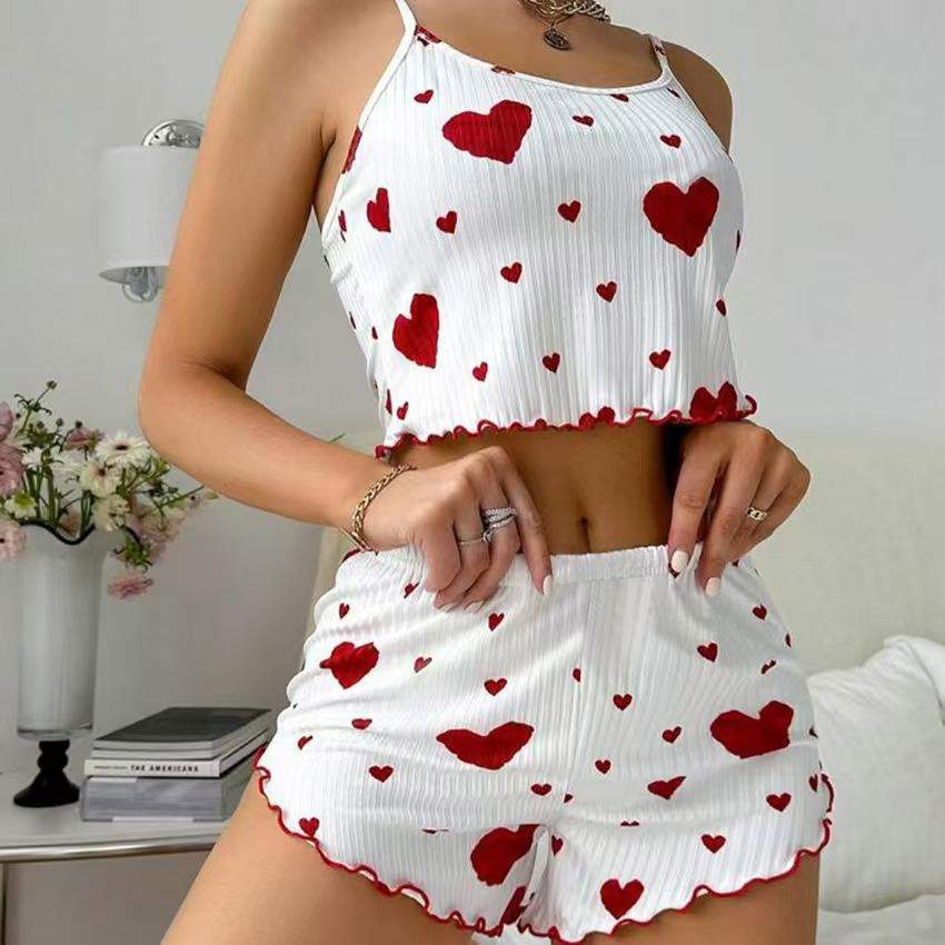 Summer European American Knitted Ribbed Heart Print Design Sweet Collarless Polyester Camisole Shorts Pure Women's Pajamas