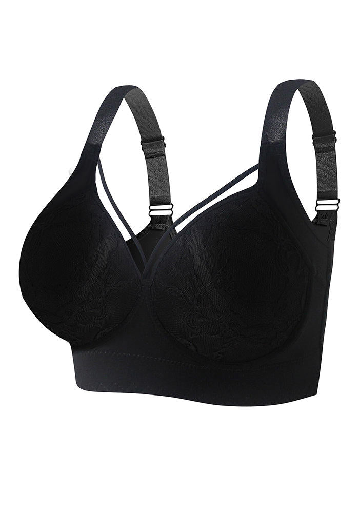 Women's Plus Size Push-Up Bra with Full Back Coverage Pattern Deep Cup Lace Steel Ring Underwear 8 Hook-and-eye Bra