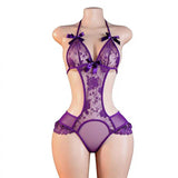 Bow Lace Bodysuit Open-Crotch No-Removal See-Through Sexy Women's Seduction Purple Lingerie