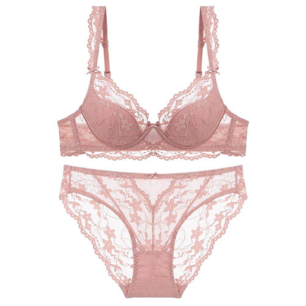 French Style Lingerie Set for Women - Sheer Push-Up Bra Small Bust Side-Support Anti-Sagging Lace Back bras for women