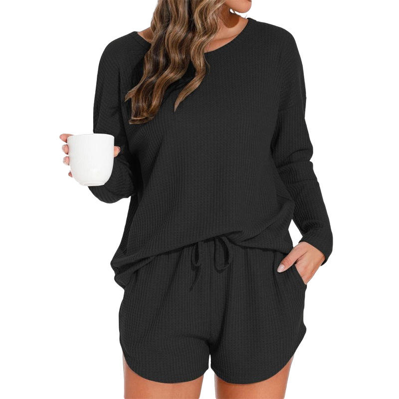 Waffle Knit Women's Pajama Set with Long-Sleeved Top and Shorts Elastic Waist Solid Pattern Casual Loungewear