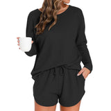 Waffle Knit Women's Pajama Set with Long-Sleeved Top and Shorts Elastic Waist Solid Pattern Casual Loungewear