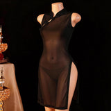 Spring Intimate Lingerie Sexy Mesh Sheer Slit Cheongsam Uniform Seductive Pajama Set