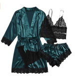 Women's Underwear Pajamas Sets Lingerie Dress Sexy Silk Satin Robe 4pcs Sleepwear Cami Top Stain Pjs for Women