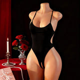 Lingerie Sexy Solid Crotchless No-Remove Jumpsuit Ice Silk Tight Seductive Pajamas