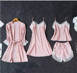 Women's Underwear Pajamas Sets Lingerie Dress Sexy Silk Satin Robe 4pcs Sleepwear Cami Top Stain Pajamas for Women