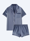 Women's Summer Loungewear Set - Solid Color Cardigan with Lapel Short Sleeves Short Pants Satin Finish