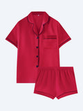 Women's Summer Loungewear Set - Solid Color Cardigan with Lapel Short Sleeves Short Pants Satin Finish