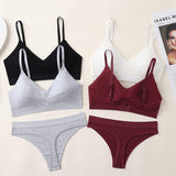 Women's Comfortable Underwear Set Pure Cotton Bra Triangle Cup Thong Panties Wire Free Support Bikini Type