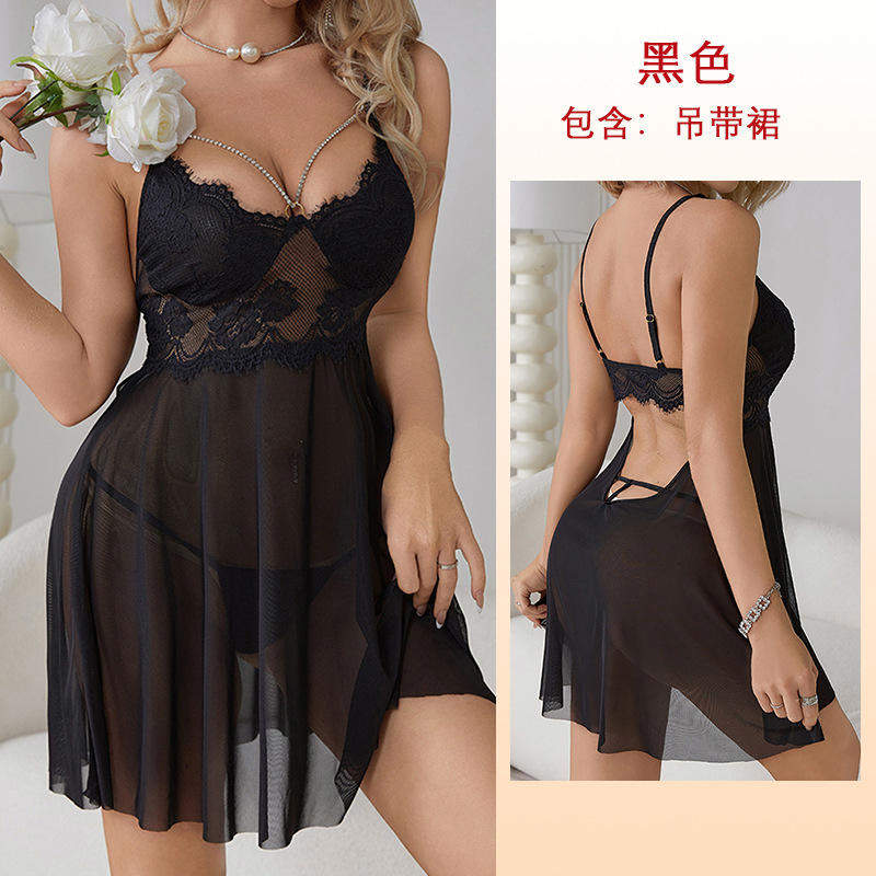 Sexy Lingerie Lace Strap Nightdress Hollowed See-through Mesh Breathable Stretch Comfortable Thin Dobby