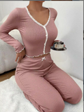 Luxury 2-Piece Slim-Fit Pajama Set – Elegant Women’s Long Sleeve Sleepwear with Intricate Lace Cuff Details