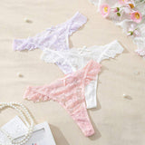 Women's Solid Color Mid Waist Panties Comfortable Breathable Seamless Sexy Soft Thong Underwear Lace Edge Bow Panties