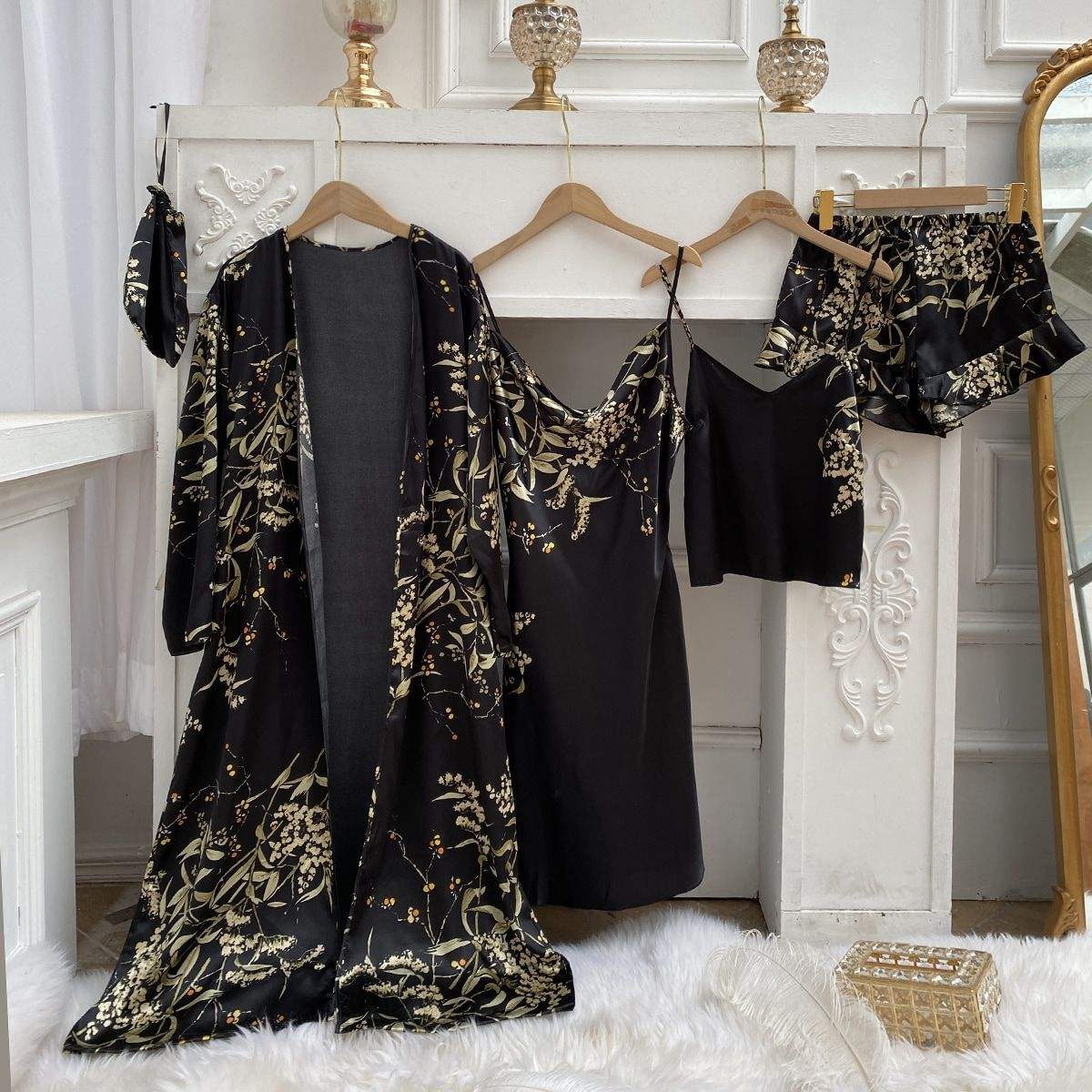 4-piece Nightdress Set Printing Night Dresses for Woman Ice Silk Women's Sleepwear
