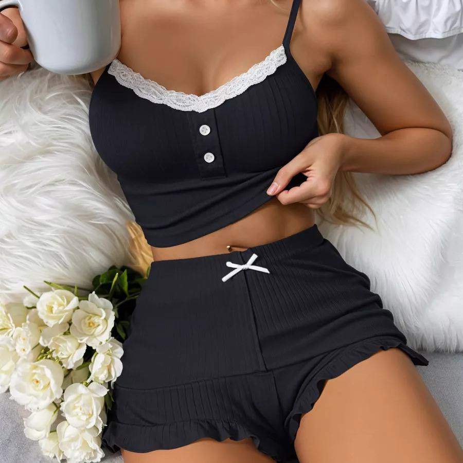 Sexy Lace Trim Elastic Waist Breathable Camisole Pajama Set Shorts Women's Loungewear