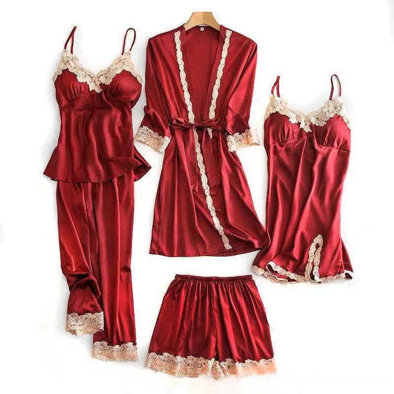 Women's Underwear Pajamas Sets Lingerie Dress Sexy Silk Satin Robe 5pcs Sleepwear Cami Top Stain Pjs for Women