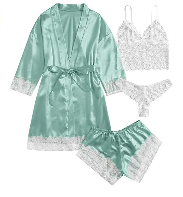 Women's Underwear Pajamas Sets Lingerie Dress Sexy Silk Satin Robe 4pcs Sleepwear Cami Top Stain Pjs for Women