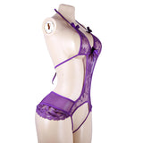 Bow Lace Bodysuit Open-Crotch No-Removal See-Through Sexy Women's Seduction Purple Lingerie