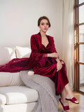 Red Velvet 2-piece Robe and Dress Sexy Nightdress Morning Gown Sling Wedding Bride Nightgown