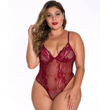 Cross-border Sexy Lace See-through Mesh Deep V Lingerie Plus Size Tight Bodysuit for Women
