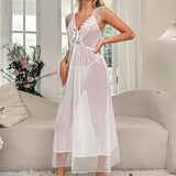 New erotic lingerie sexy mesh dot patchwork long dress transparent nightgown erotic set