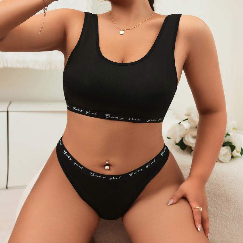 Soft High Elastic Round Neck Solid Sports Tank Top Bra Underwear Mid-rise Panty Plus Size Lingerie Women's Sets