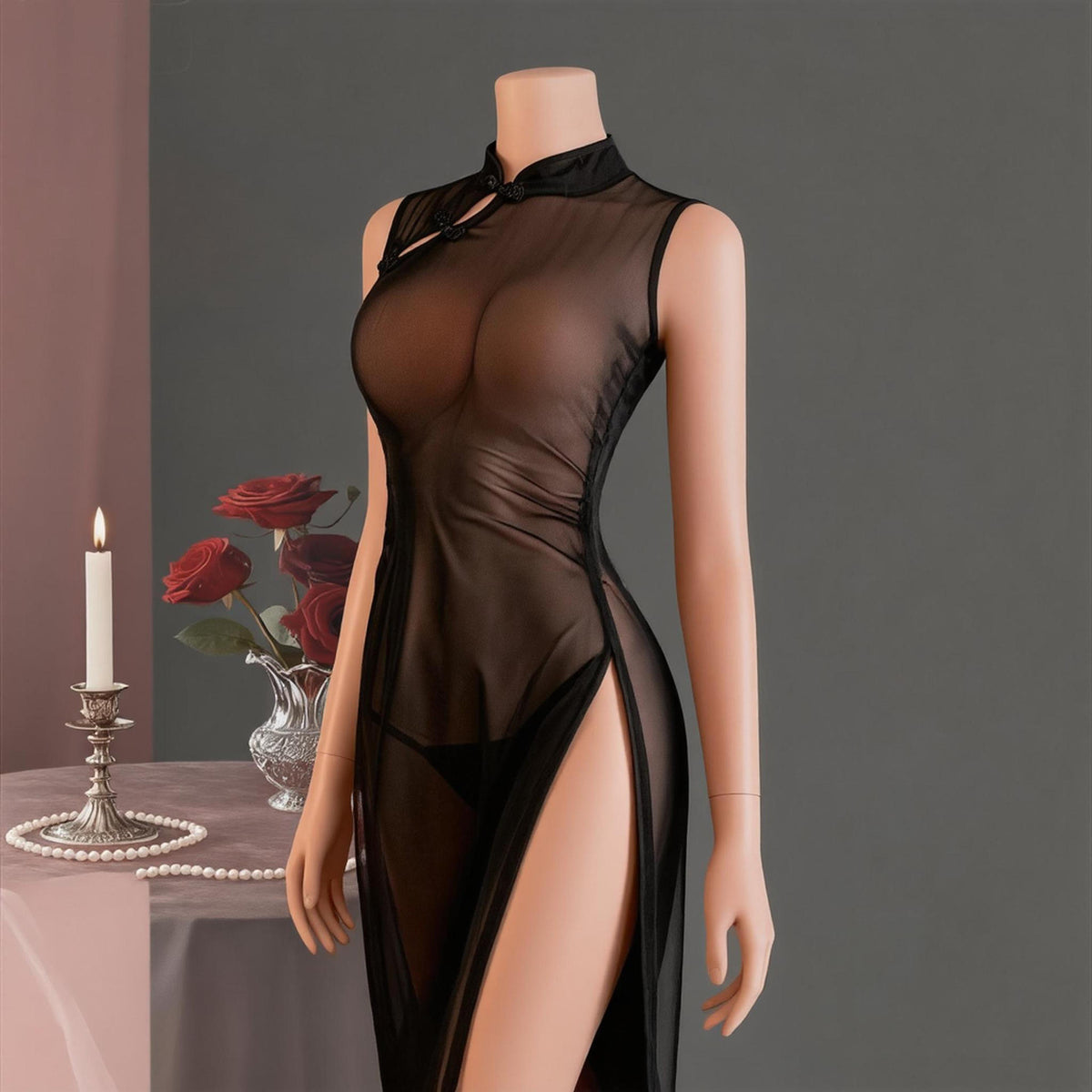 Lingerie Sheer See-Through Sleeveless Sexy Womens Slim-fit Alluring Long-slit Cheongsam Pajamas Spring