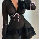 Lace Sexy Nightdress Summer Slimming Sexy Nighty Ruffled Sleeves Seductive Sexy Nightwear