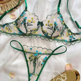 Floral Embroidery Breathable Thin Firm Control See-Through Mesh Women's Bra and Panty 1 Piece Lingerie Set