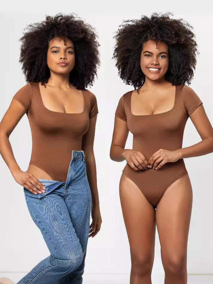 Women's Fashion One Piece Skinny Tight Bodysuit Casual Square Neck Short Sleeve T-Shirt Shapewear