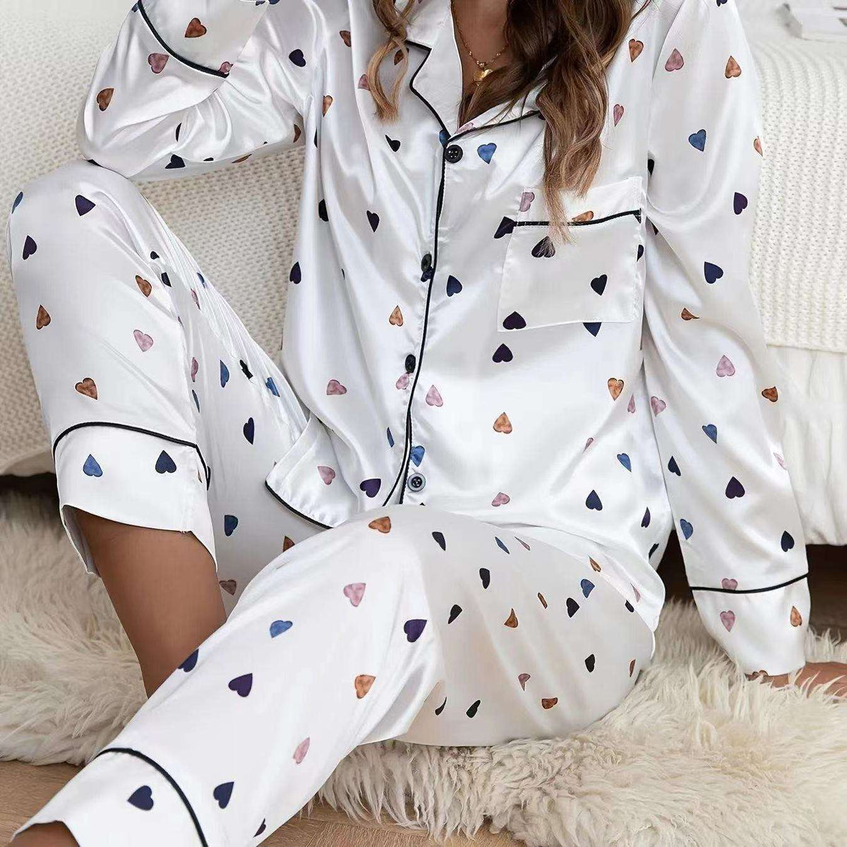 Heart-Shaped European American Style Autumn Silk Ultra-thin V-Neck Full-Length Women's Long-Sleeved