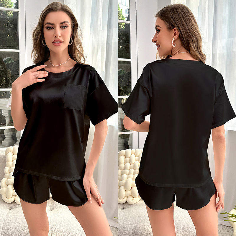 Ice Silk Breathable Women's Summer Solid Color Short-sleeved Shorts Casual Home Suit Nightgowns Elastic Waist