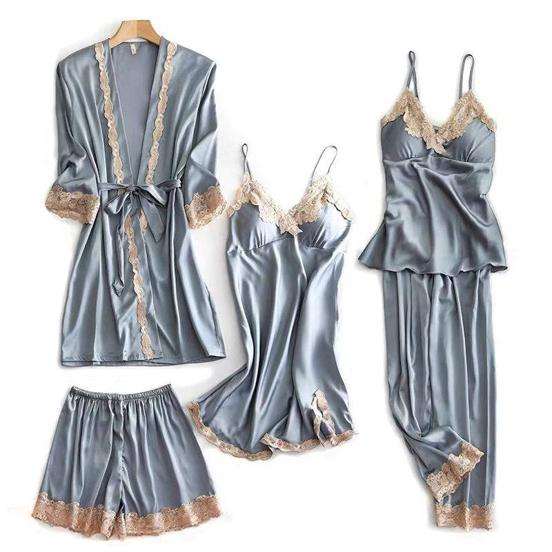 Women's Underwear Pajamas Sets Lingerie Dress Sexy Silk Satin Robe 5pcs Sleepwear Cami Top Stain Pjs for Women