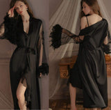 Feather Sleeves Sleepwear Mesh Fabric Slouchy Collar Bathrobe Alluring Cardigan Pajamas