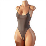 Lingerie Sexy Solid Crotchless No-Remove Jumpsuit Ice Silk Tight Seductive Pajamas