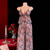 Spring European American Style Mesh Printed Polyester Sexy Pajamas Sheer Floral Lingerie Set
