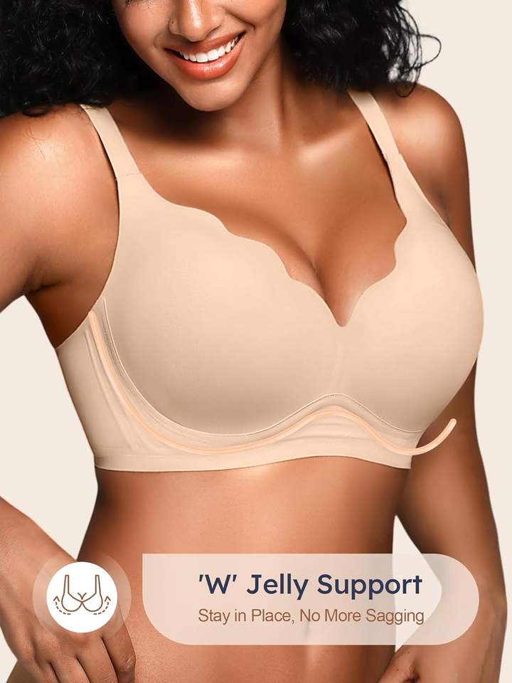 Womens Seamless Jelly Bras No Underwire Supportive Wireless Push up Full Coverage Bralette Comfort Scalloped T-Shirt Bra